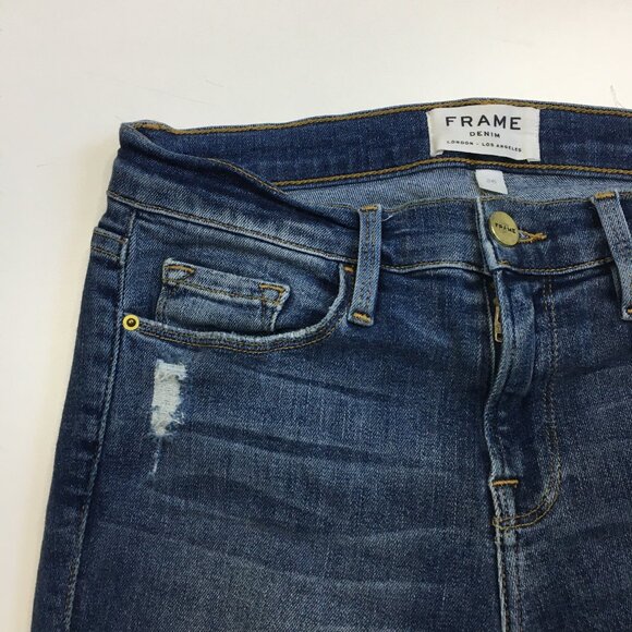 FRAME Le Skinny De Jeanne Knickerson Wash Raw Hem Logo Hardware Distressed Jeans - Picture 5 of 14